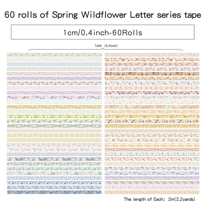 icceemee 60 Rolls Flowers Theme Washi Tape Set with Different Colorful Patterns, Writable Decorative Tapes for Scrapbooking, Junk Journal Supplies, Bullet Journaling, 0.39'' x 79'' per Roll - Image 2